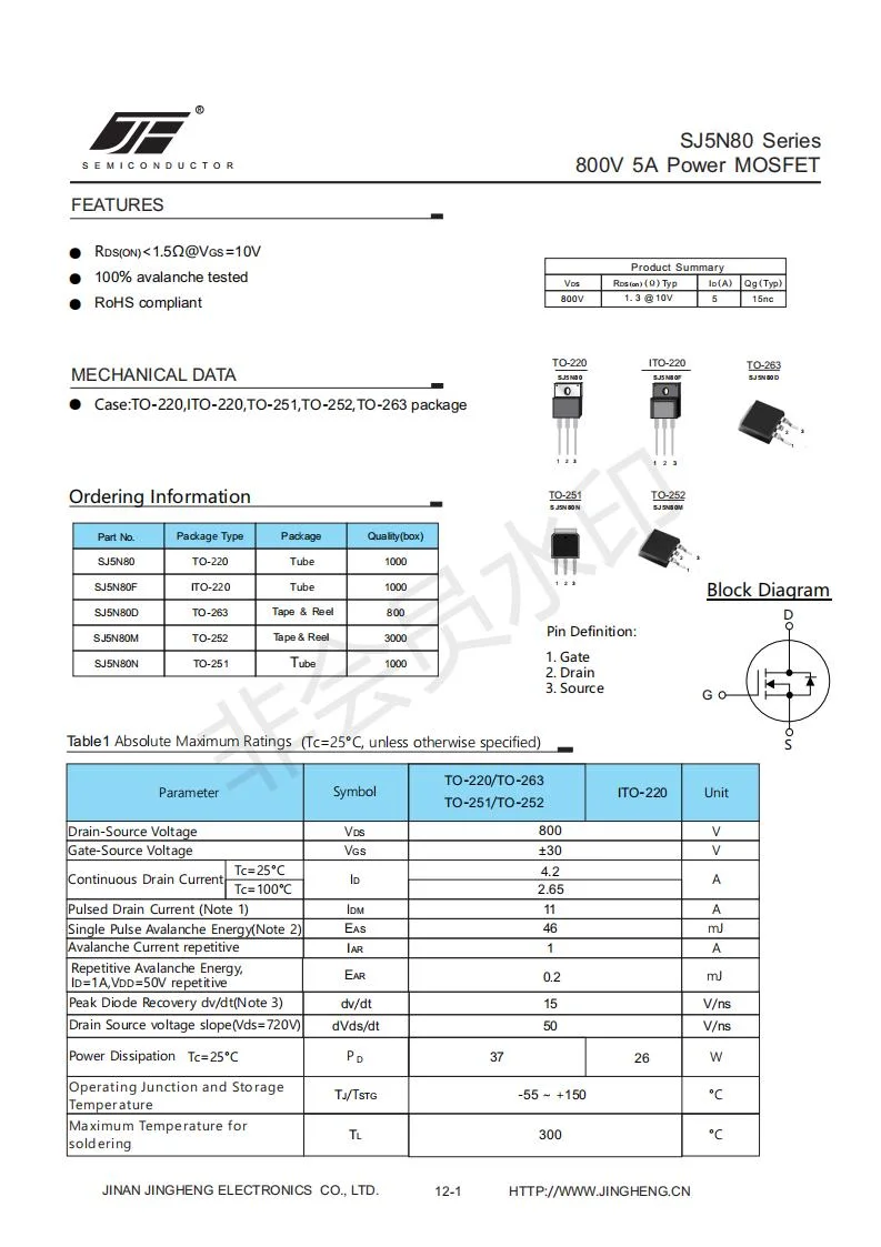 SJ5N80 SUPER JUNCTION N-CHANNEL MOSFET WITH 5A 800V