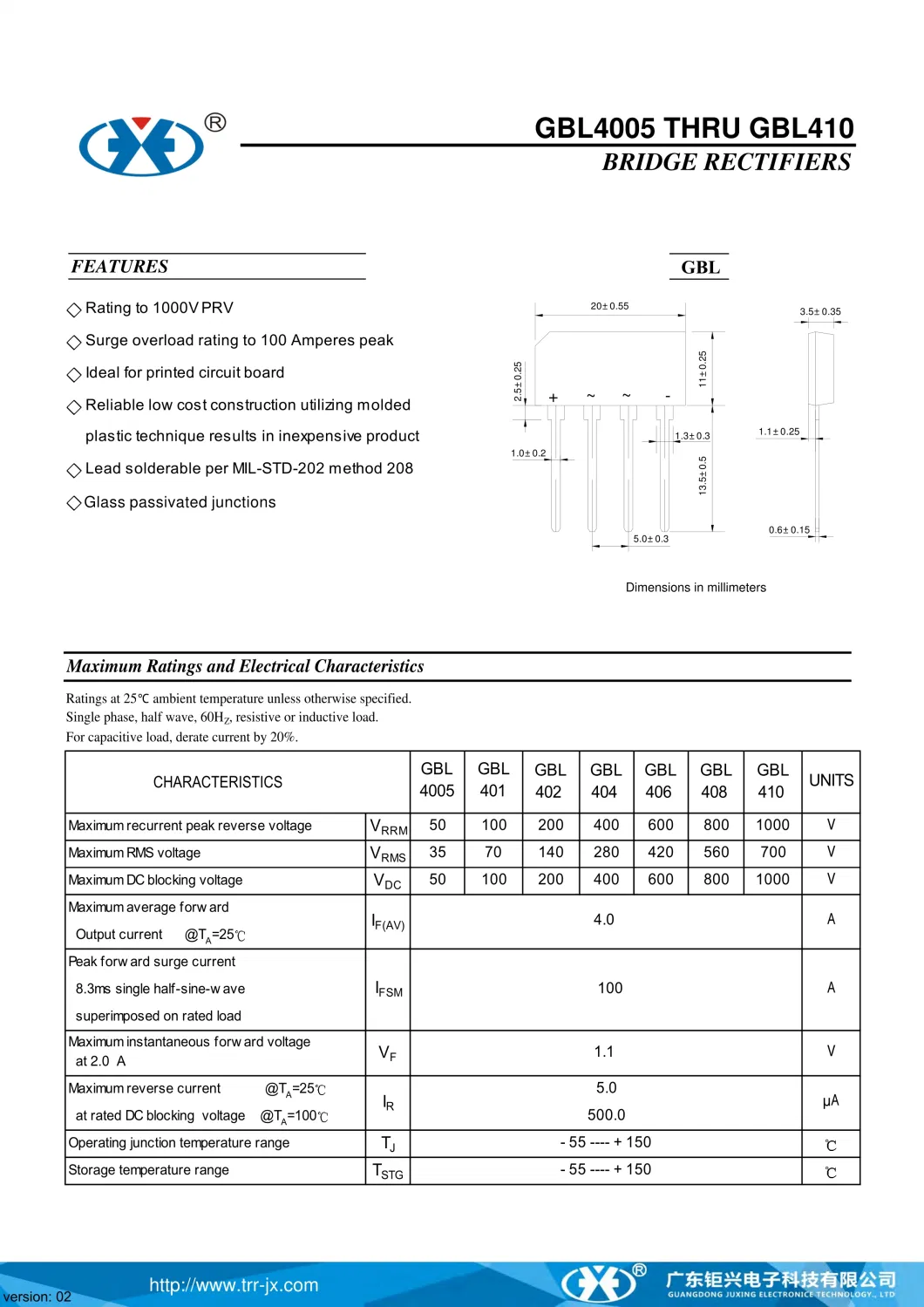 Surge Overload Rating to 100 Amperes Peak GBL410 Whole Sale Price Bridge Rectifier Diode